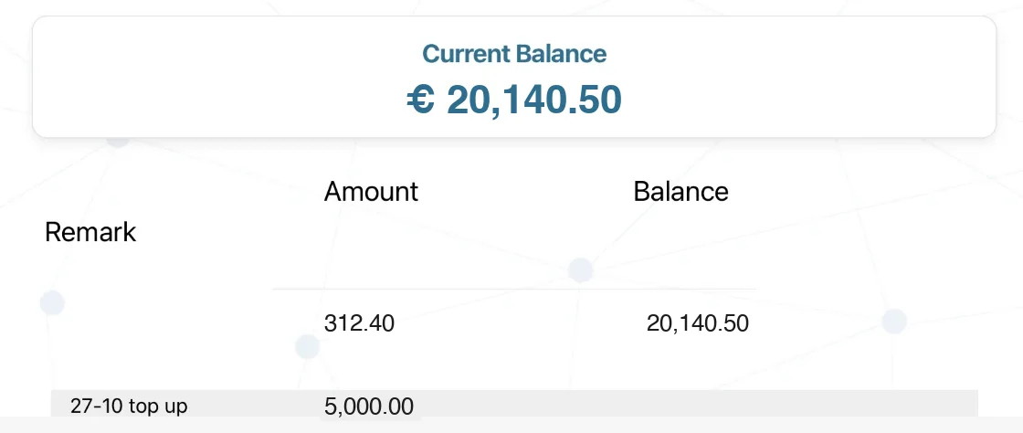 Current balance and recent transactions in Fulflow