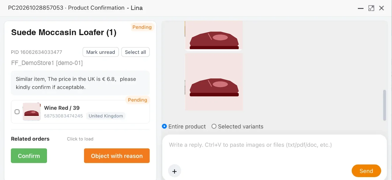 Product confirmation window in Fulflow with photos, variant and confirm or object buttons