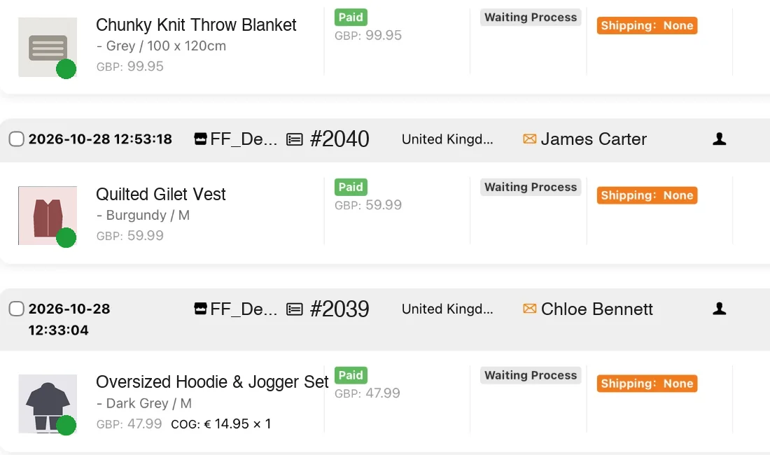 Order rows in Fulflow with product, payment status and shipping state