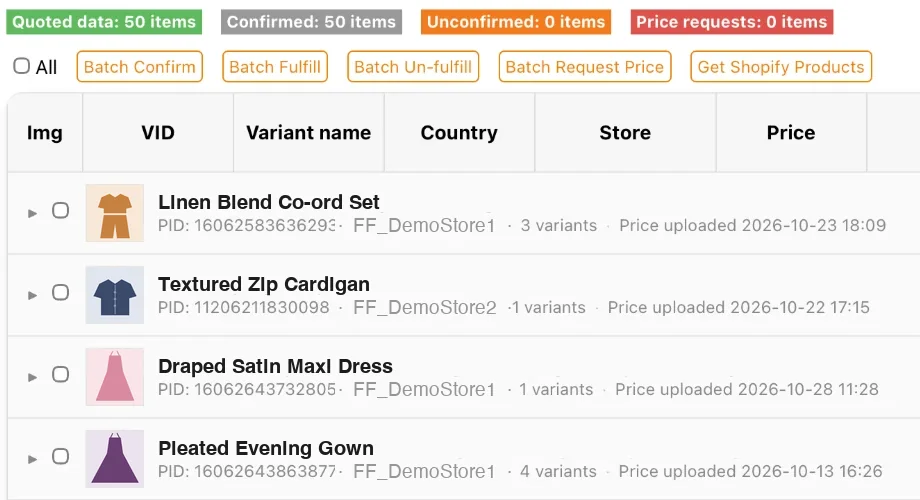 Quotation rows in Fulflow with product, store and confirmed price